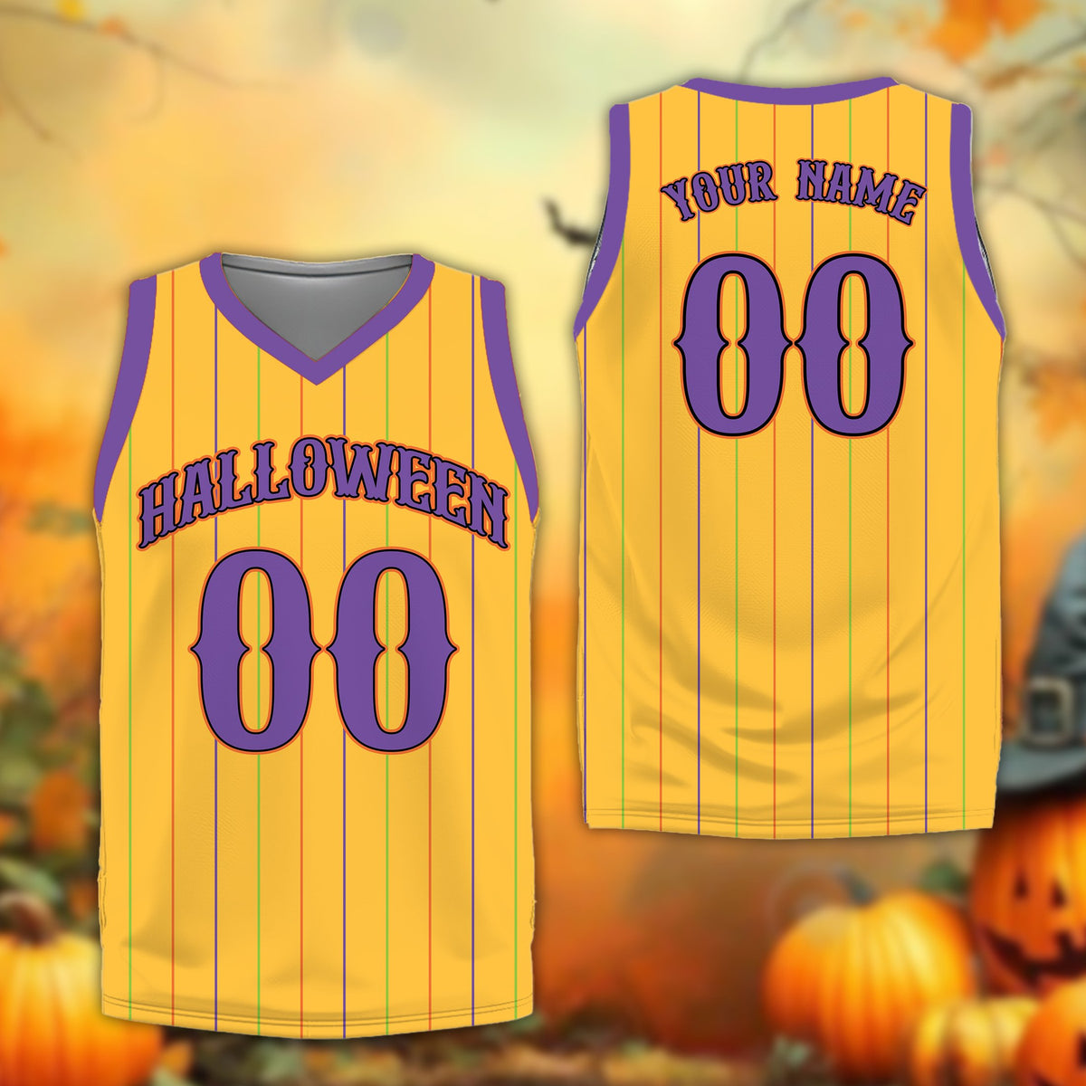 Personalized yellow halloween basketball jersey, front view