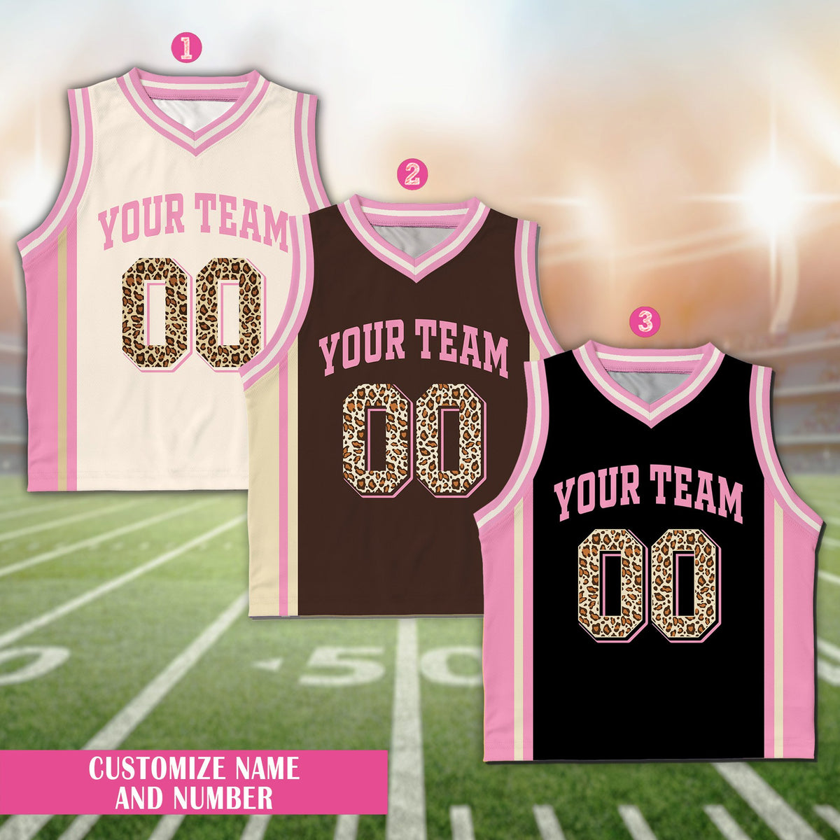 Detailed front view of the solid basketball jersey showing leopard pattern numbers