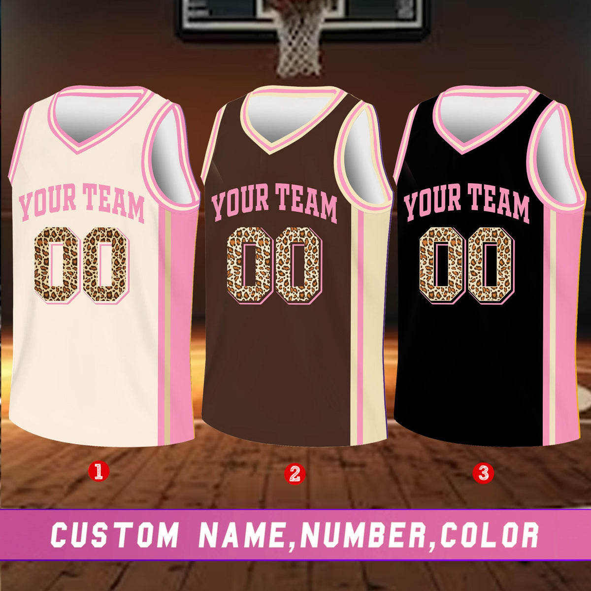 Close-up front view of the personalized basketball jersey with pink outlines