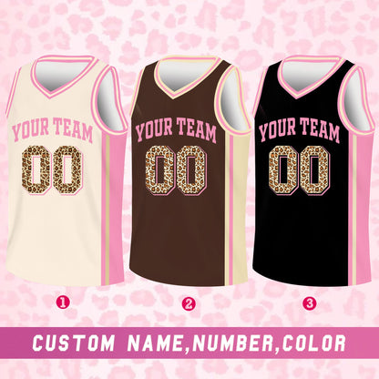 Front view of the leopard print basketball jersey showing side stripes
