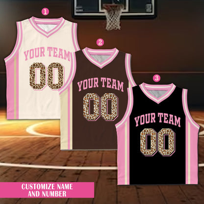 Front view of the white leopard print basketball jersey with custom text
