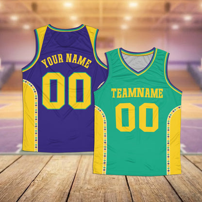 Front view of green custom basketball jersey with Mardi Gras theme