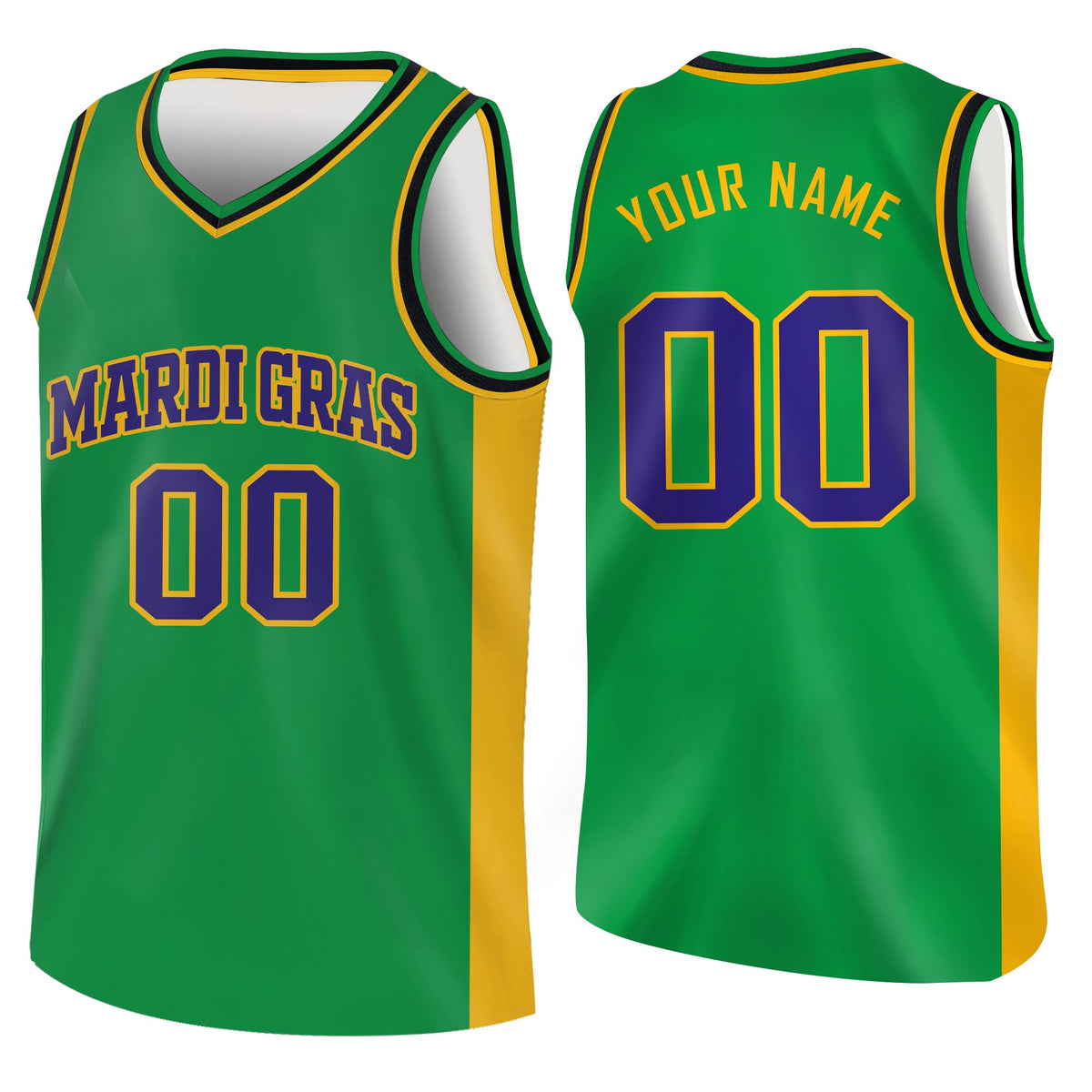 Green custom Mardi Gras basketball jersey, front view