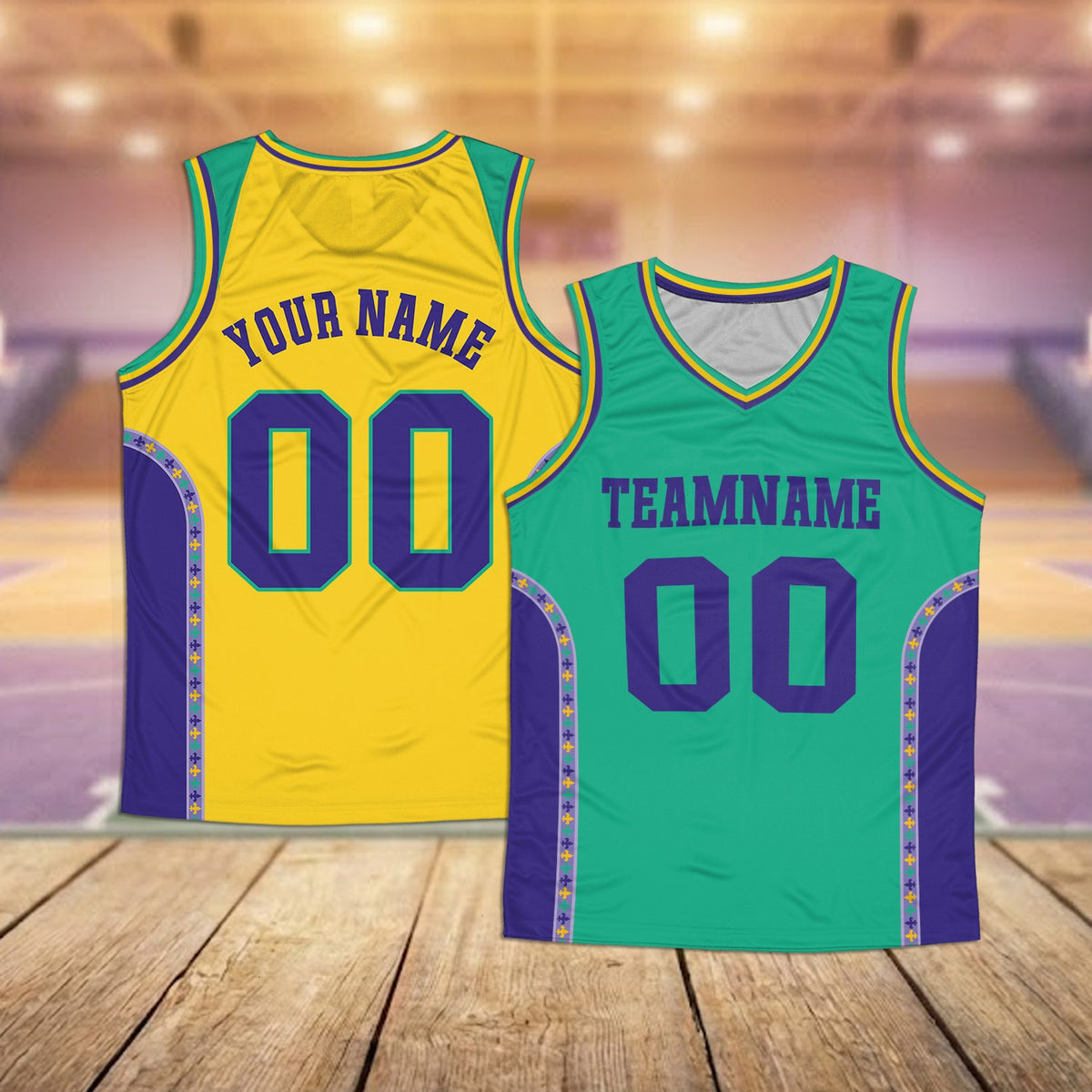 Additional front view of green custom Mardi Gras jersey