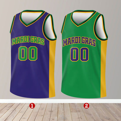Multicolor Mardi Gras basketball jersey with custom name and number, front view