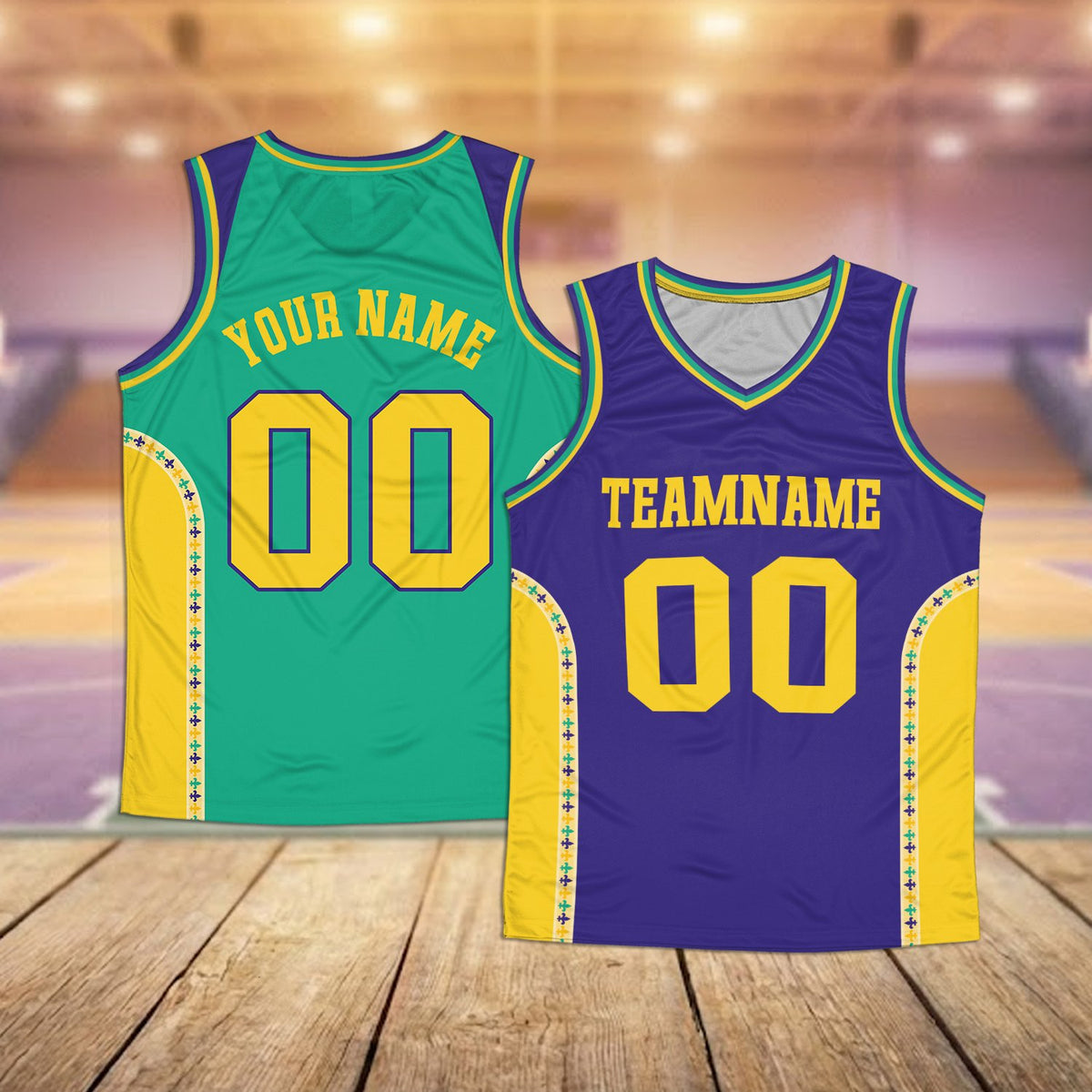 Main view of personalized mardi basketball jersey in purple, green, and yellow with custom name and number