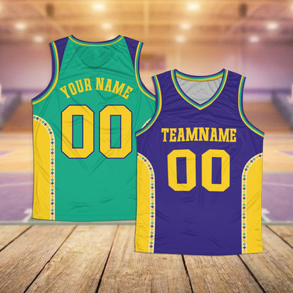 Main view of personalized mardi basketball jersey in purple, green, and yellow with custom name and number