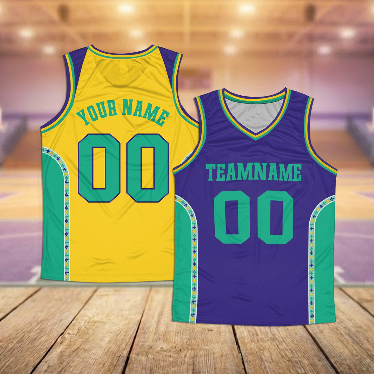 Front view of purple personalized basketball jersey