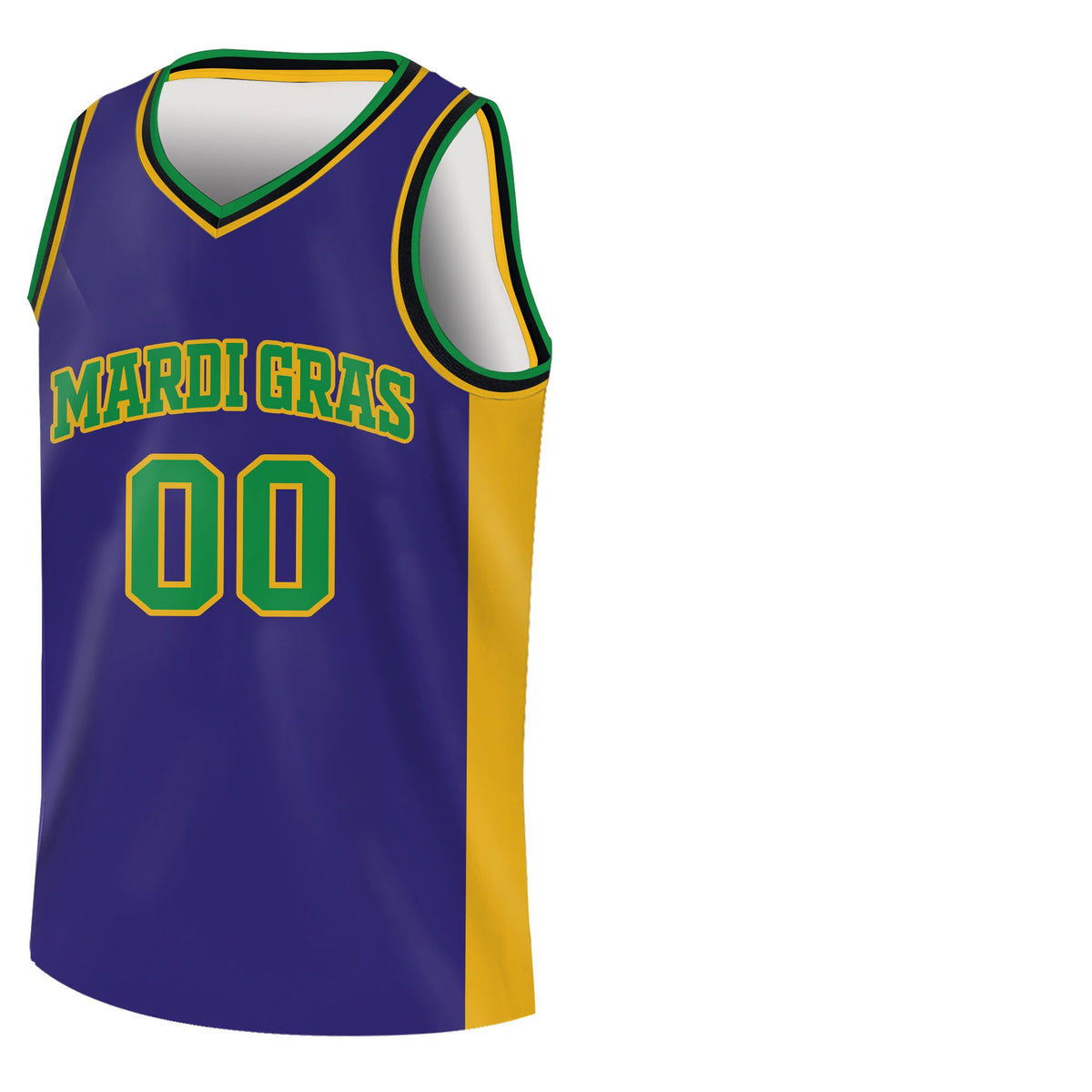 Purple personalized Mardi gras basketball jersey, front view