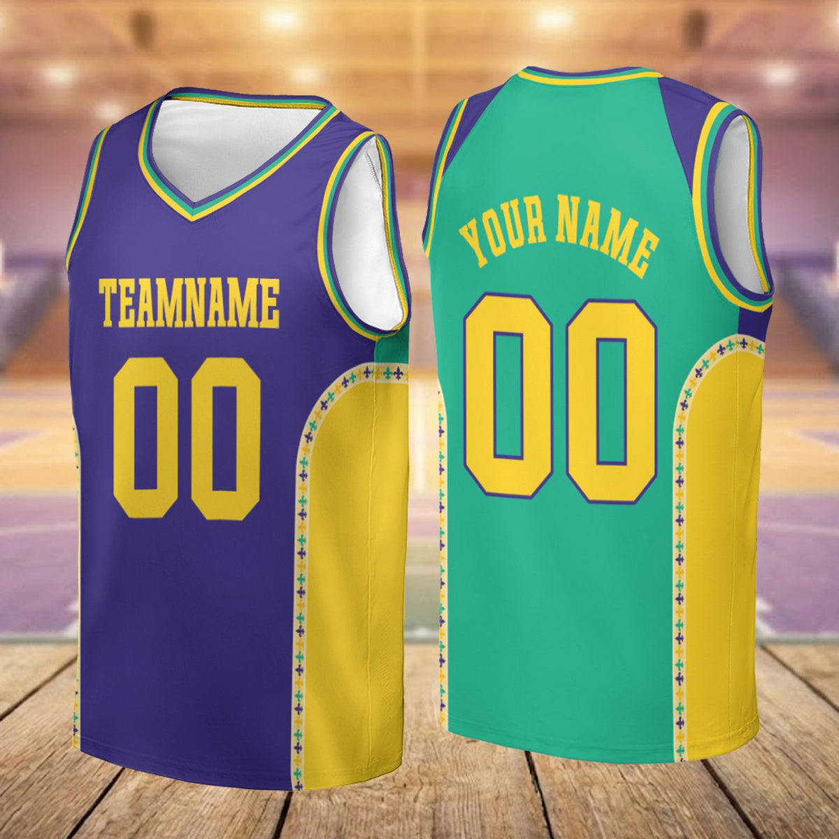 Additional front view of purple mardi basketball jersey