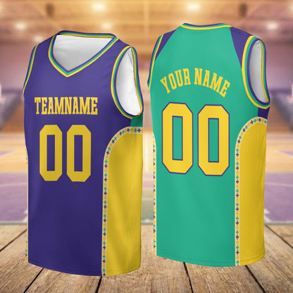 Additional front view of purple mardi basketball jersey