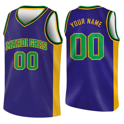 Personalized Mardi Gras basketball jersey with custom name and number in purple, front view