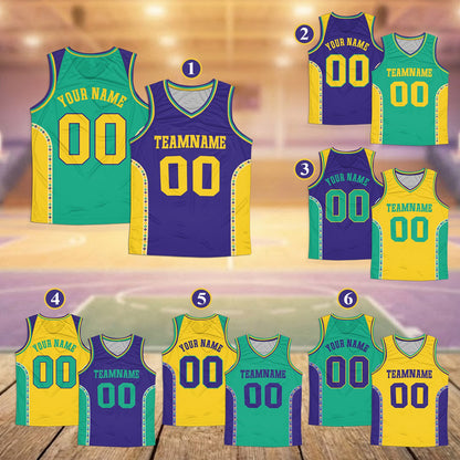 Other view of Mardi Gras themed color-block basketball jersey