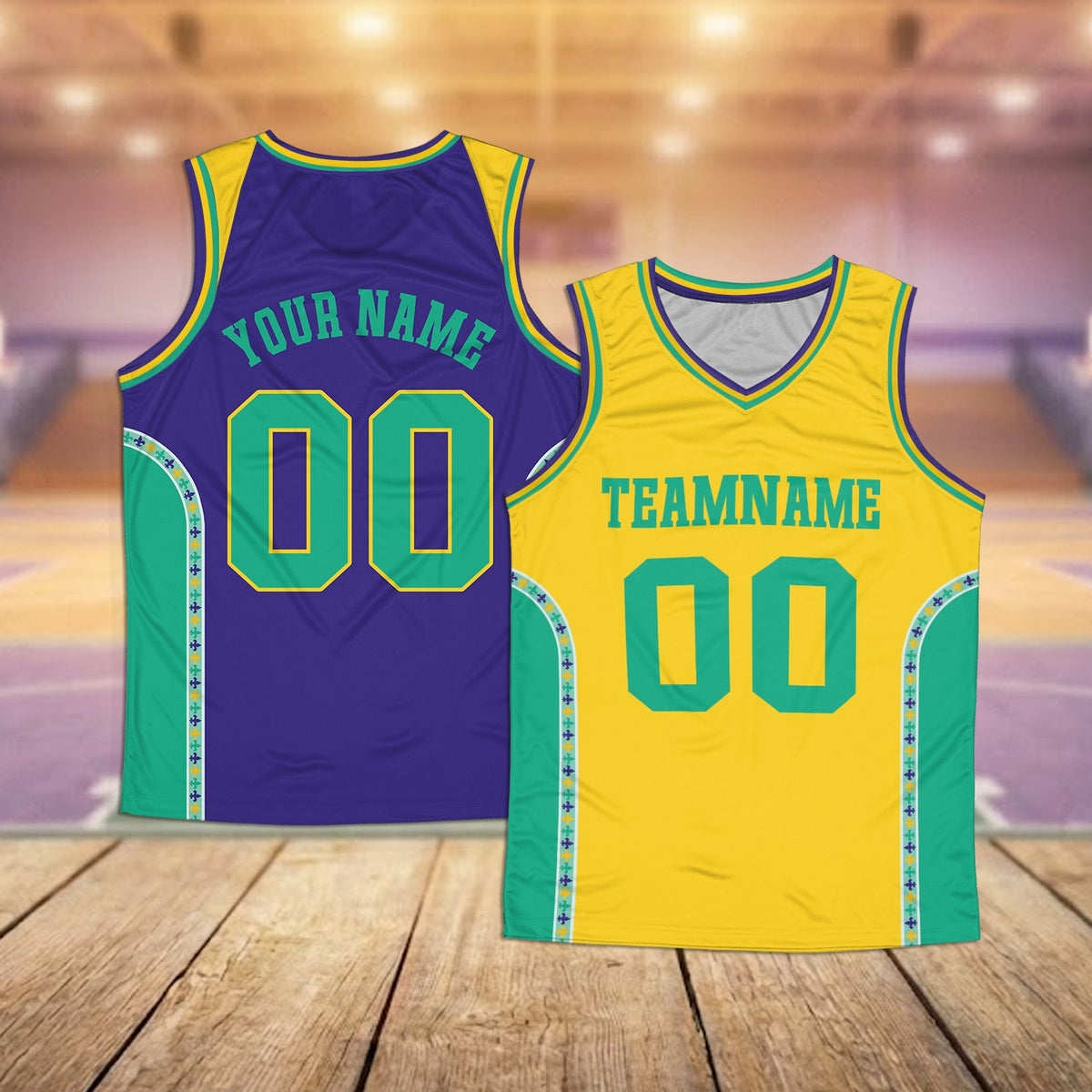 Front view of yellow Mardi Gras basketball jersey