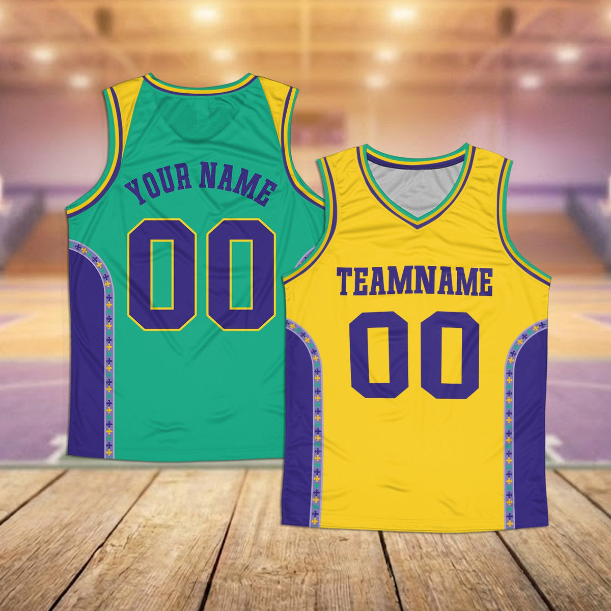 Additional front view of yellow Mardi Gras basketball jersey