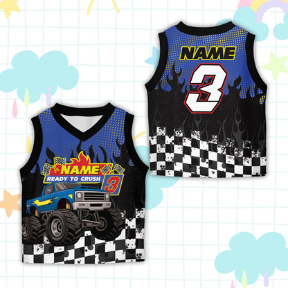 Front view of the personalized monster truck basketball jersey in multicolor design