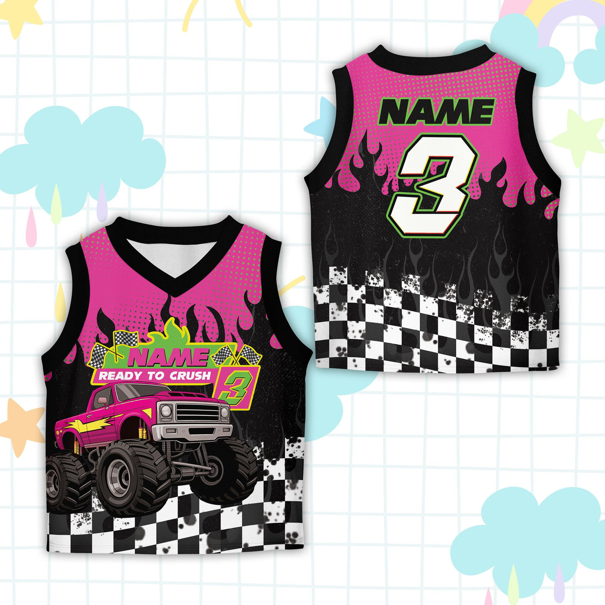 Front view of the custom name and number basketball jersey variation two