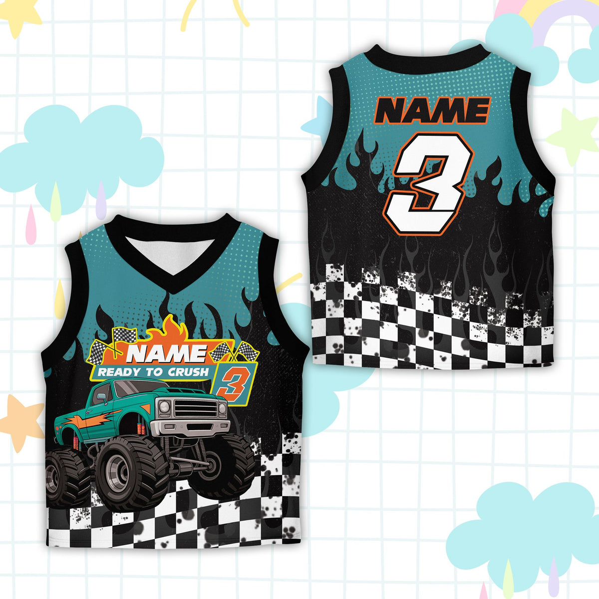 Front view of the custom name and number basketball jersey variation three