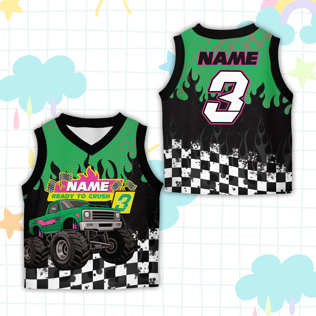 Front view of the custom name and number basketball jersey variation four