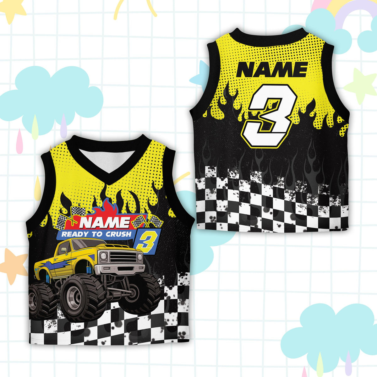 Front view of the custom name and number basketball jersey variation five
