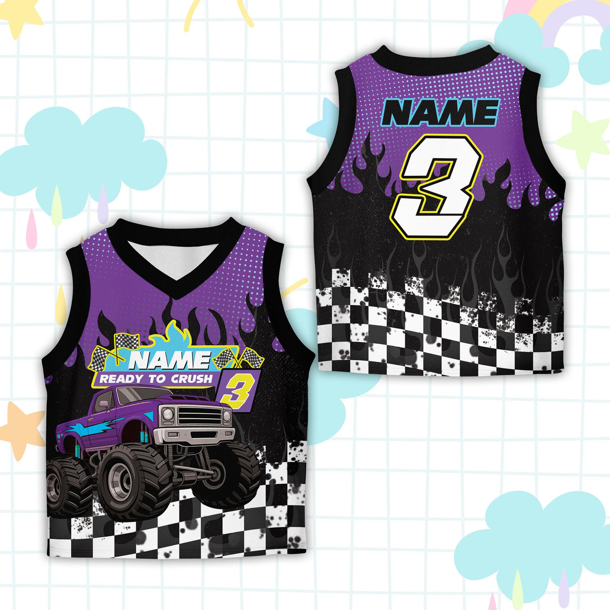 Front view of the custom name and number basketball jersey variation six