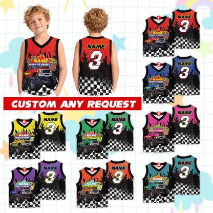 Lifestyle view of someone wearing the personalized monster truck basketball jersey