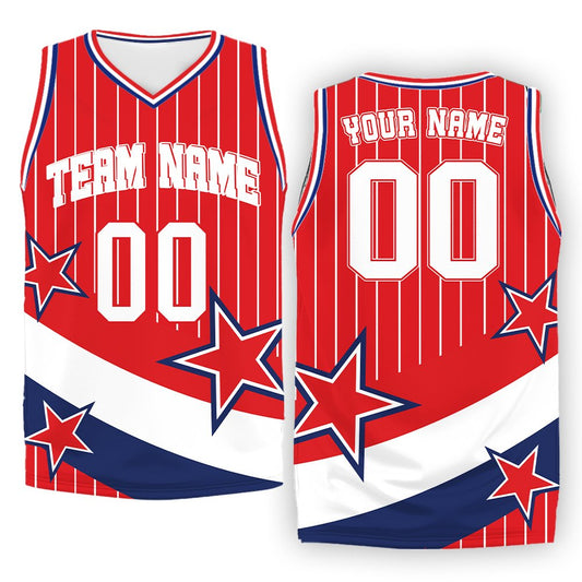 Front view of personalized red patriotic basketball jersey with custom name and number