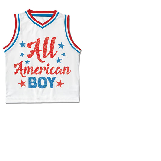 White patriotic basketball jersey featuring All American Boy design, front view
