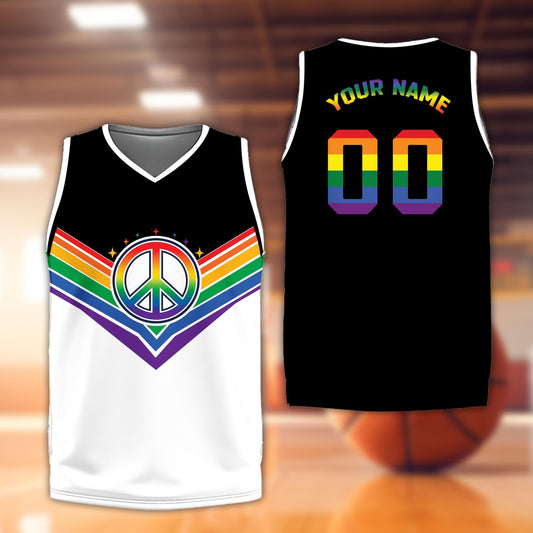 White personalized basketball jersey with a rainbow peace sign and chevron pattern, front view