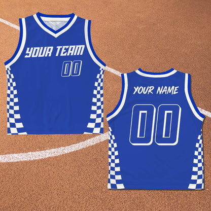 Blue custom basketball jersey with checkered flag racing design