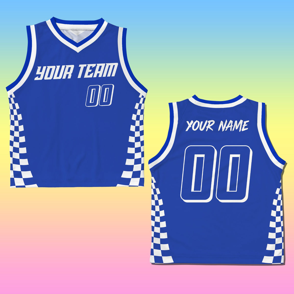 Front view of personalized blue racing basketball jersey