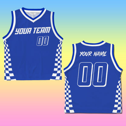 Front view of personalized blue racing basketball jersey