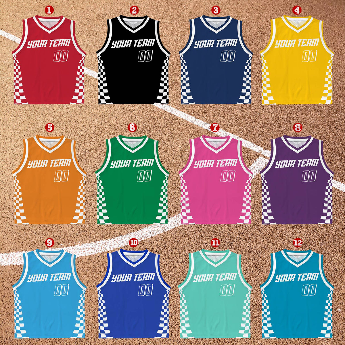 Front view of multicolor personalized basketball jersey with geometric checkered pattern