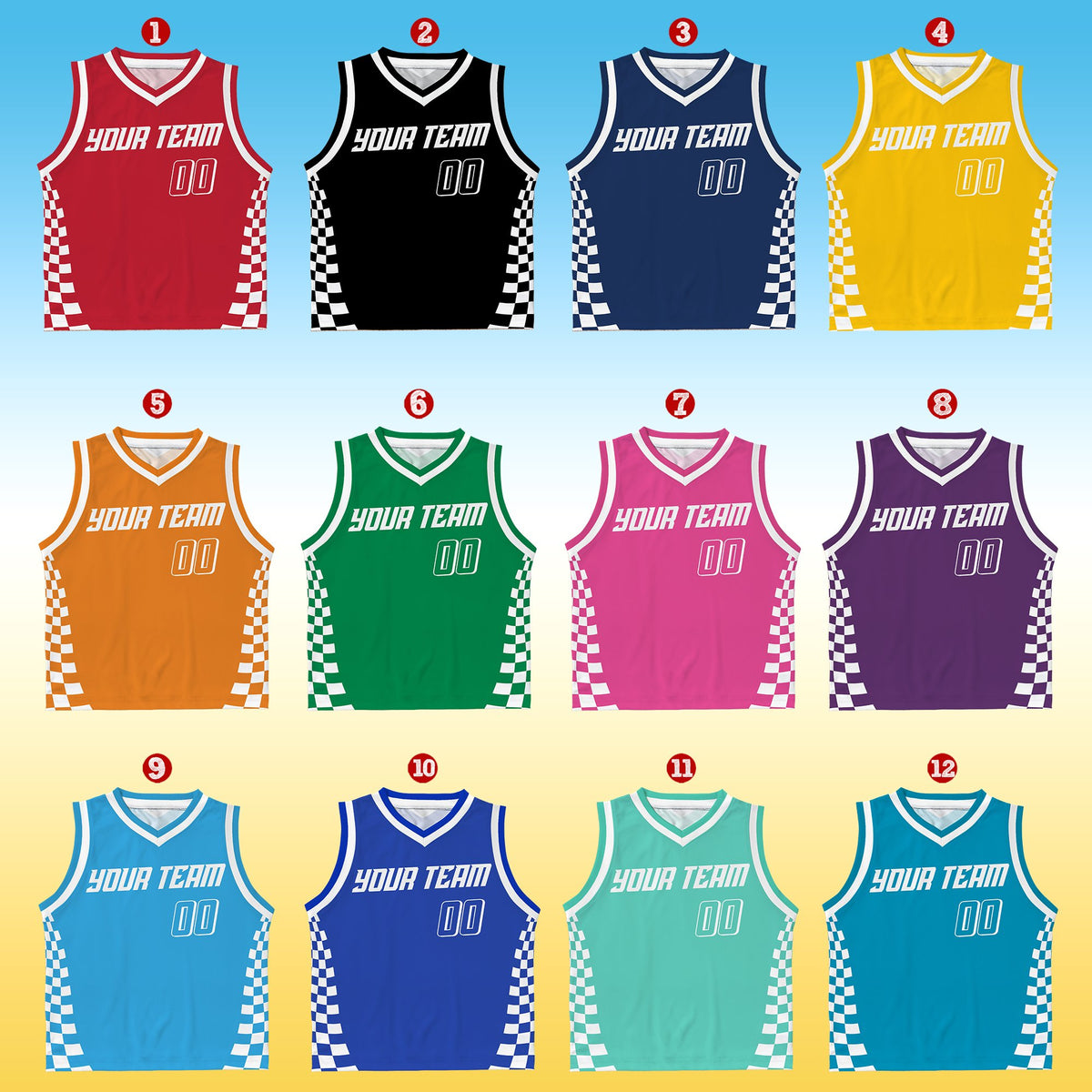 Multicolor racing basketball jersey showing custom name and number
