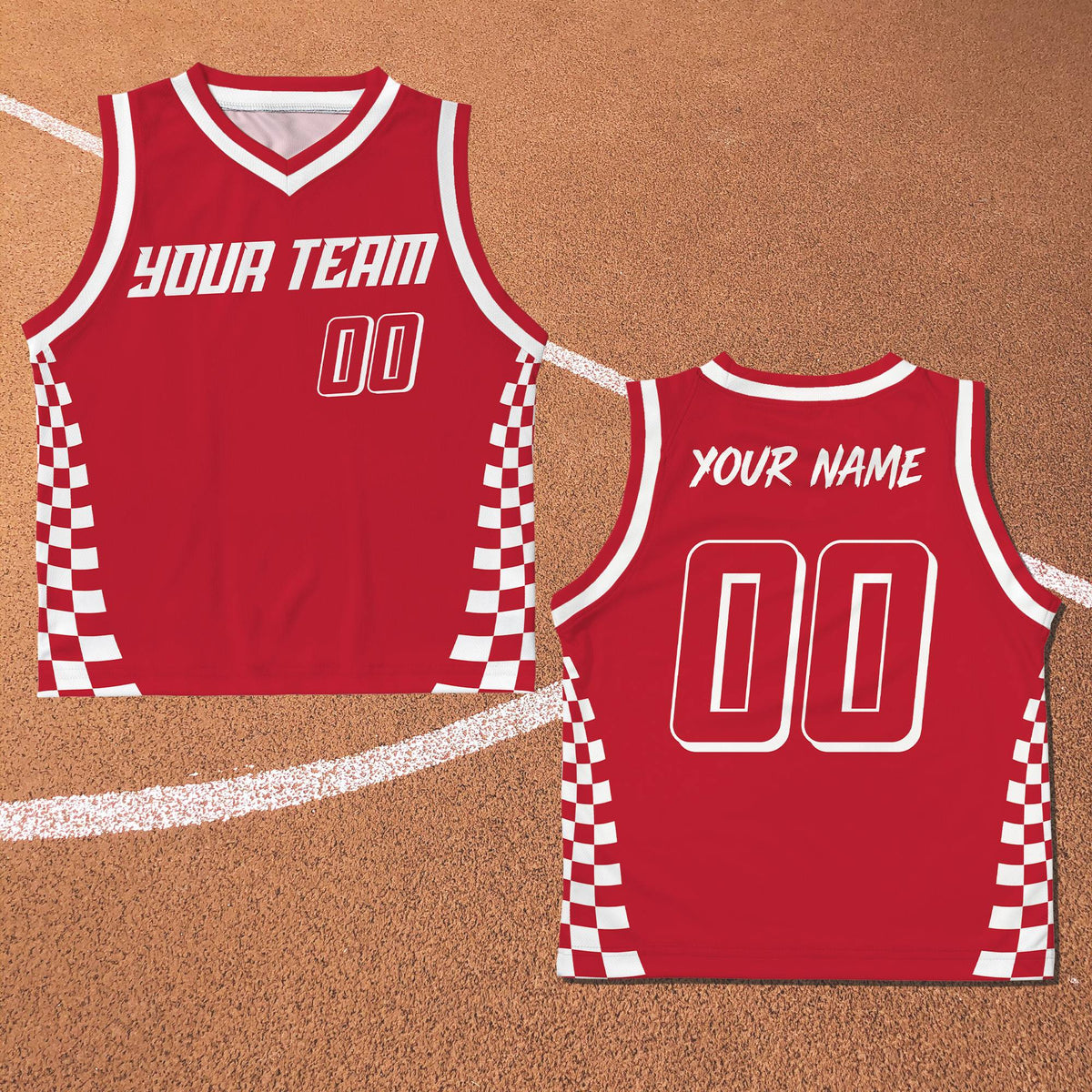 Red personalized racing basketball jersey with checkered sides and custom name, front view