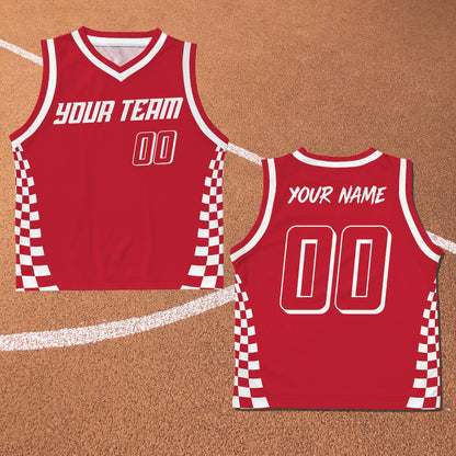 Red personalized racing basketball jersey with checkered sides and custom name, front view