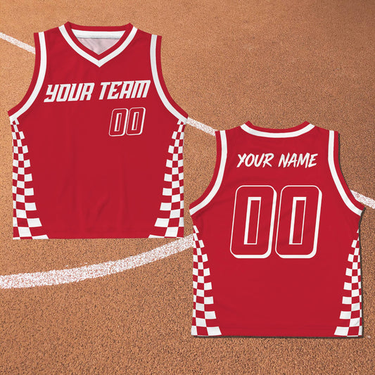 Red personalized racing basketball jersey with checkered sides and custom name, front view