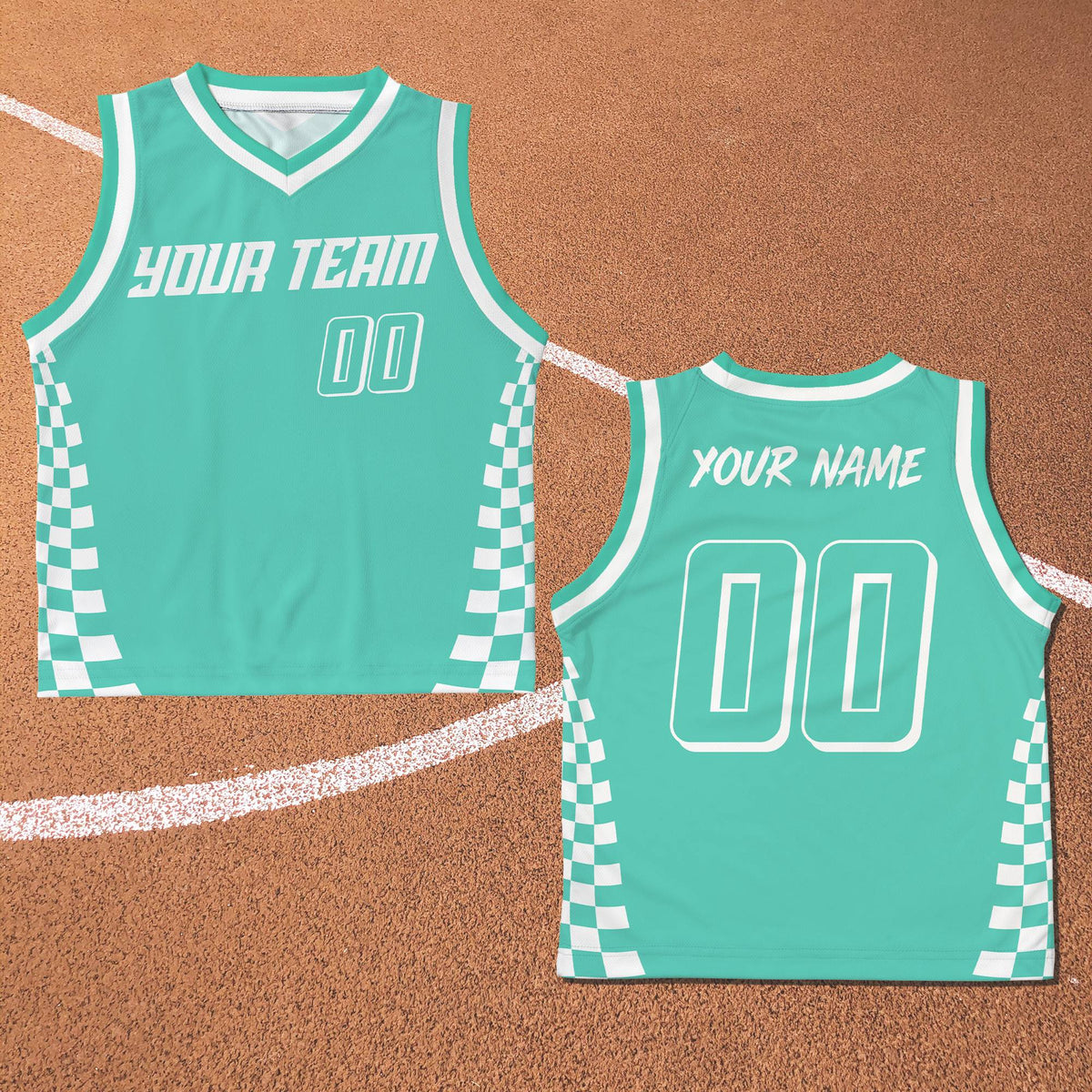 Teal racing basketball jersey with custom name and number, front view