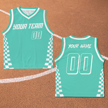 Teal racing basketball jersey with custom name and number, front view