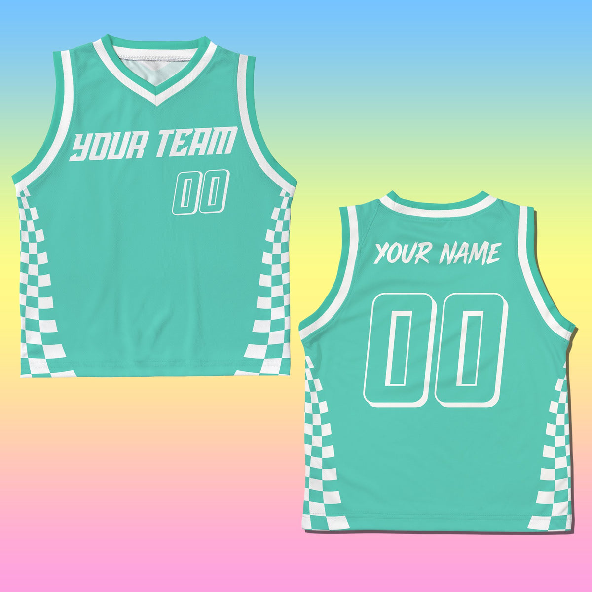 Front angle of teal personalized basketball jersey