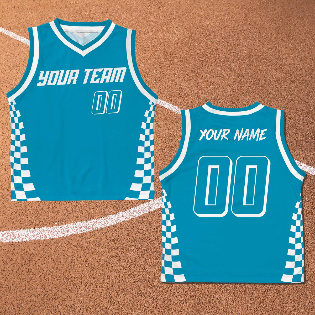 Close up of teal custom basketball jersey