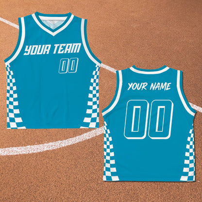 Close up of teal custom basketball jersey