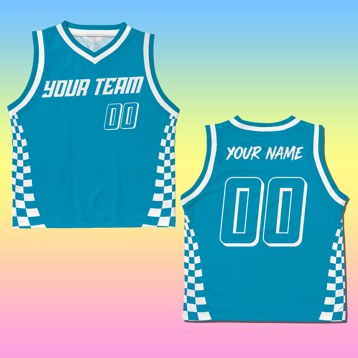Detailed front view of teal racing basketball jersey