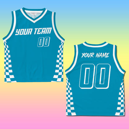 Detailed front view of teal racing basketball jersey
