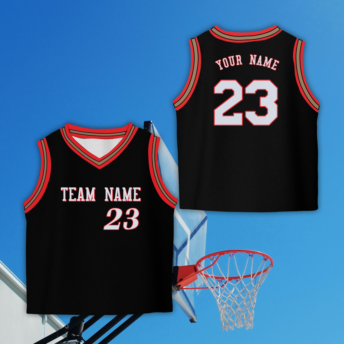 Black solid basketball jersey with star side panels, front view