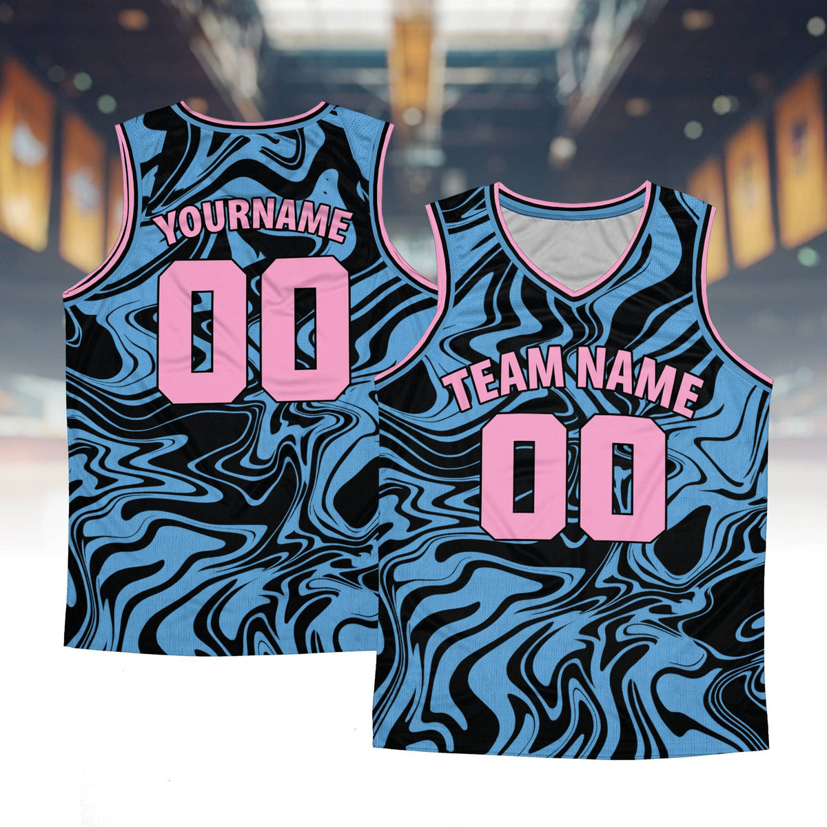 Personalized retro basketball jersey with abstract blue liquid marble pattern, main view