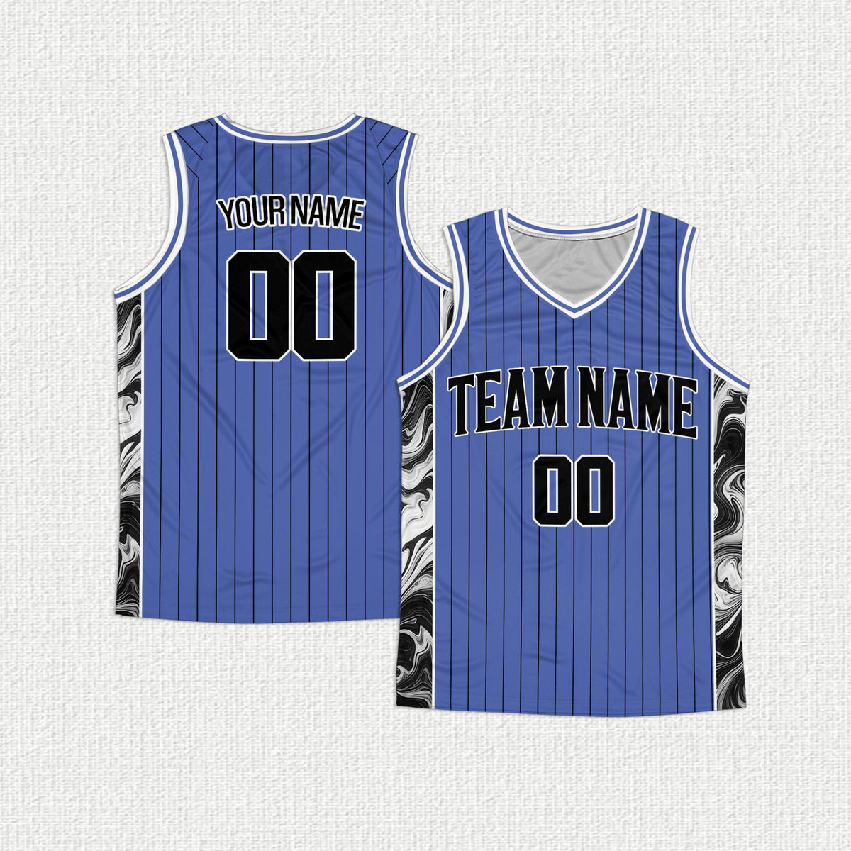 Front view of personalized blue retro basketball jersey
