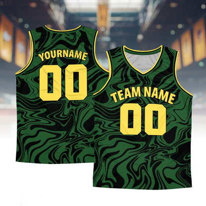 Personalized retro basketball jersey with abstract green pattern, front view