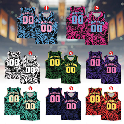 Personalized retro basketball jersey with abstract multicolor pattern, front view
