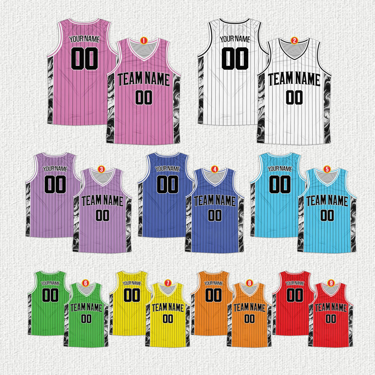 Group view of multicolor retro basketball jerseys showing personalization